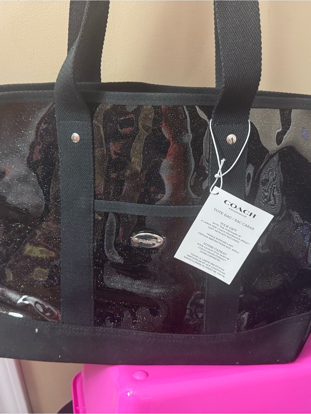 HTF Coach Fragrance Black Glitter Clear PVC Large Tote Bag Promo